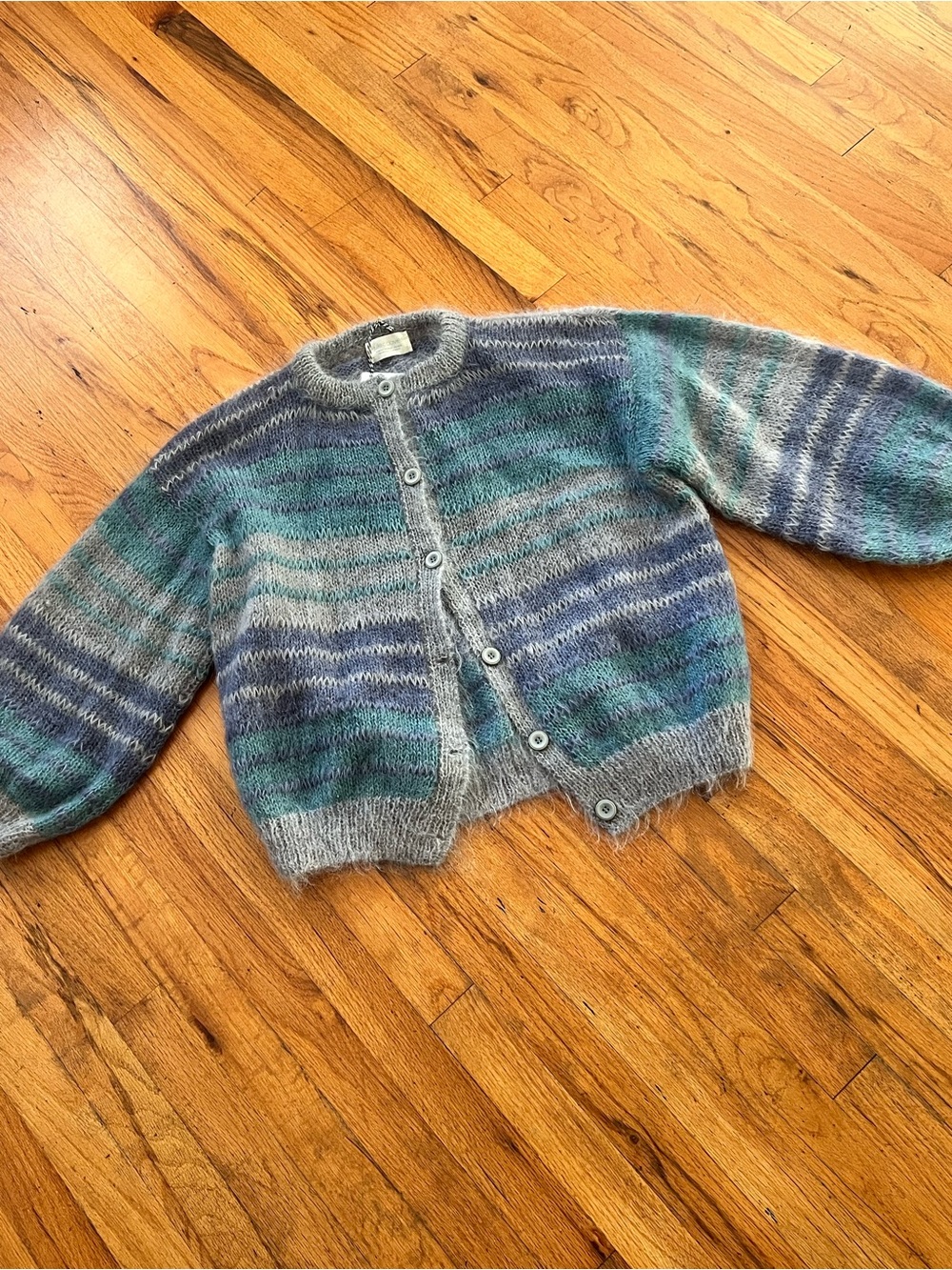 Vintage Gray, Blue & Aqua Striped Mohair Cardigan
